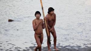 This image of two members of the tribe was released by the Brazilian organization FUNAI.